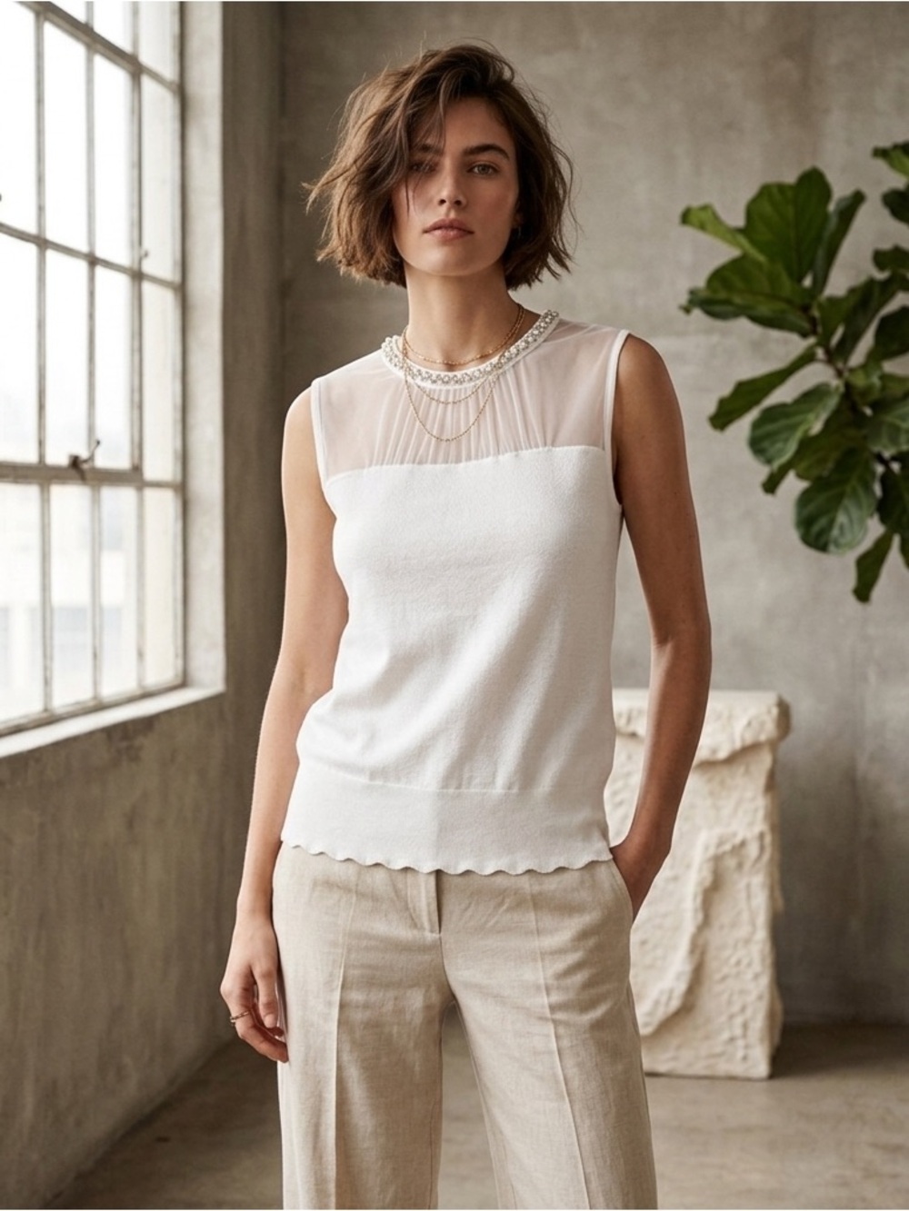 Cable & Gauge White Sleeveless Pearl-Trim Sheer Yoke Top